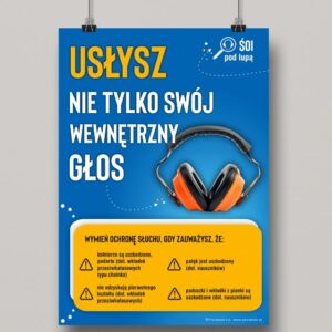 Na obrazku jest niebieski plakat o ochronie słuchu oraz informacje odnośnie poprawnego używania słuchawek - Plakat BHP Proresult