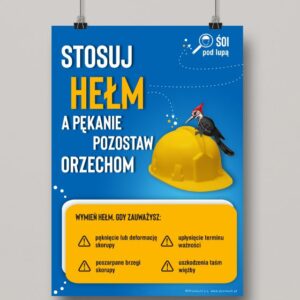Na obrazku znajduje się niebieski plakat bhp o ochronie głowy, oraz o poprawnym używaniu kasku - Plakat BHP Proresult