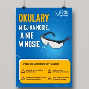 Na obrazku jest niebieski plakat związany z ochroną wzroku oraz z poprawnym używaniem ochronników oczu - Plakat BHP Proresult