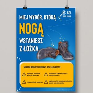 Na obrazku jest niebieski plakat związany z obuwiem bhp oraz jego poprawnym stosowaniem - Plakat BHP Proresult