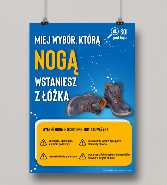 Na obrazku jest niebieski plakat związany z obuwiem bhp oraz jego poprawnym stosowaniem - Plakat BHP Proresult