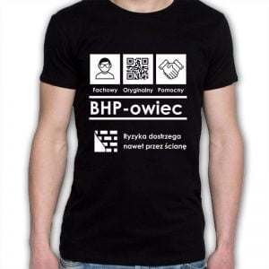 Na obrazku widać czarną koszulkę z białymi napisami oraz z obrazkami - Koszulka BHP Proresult