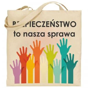 Na obrazku przedstawiona jest bawełniana torba w kolorze ecru z kolorowym nadrukiem rąk i napisem - Dzień bezpieczeństwa BHP Proresult
