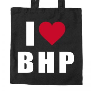Na obrazku jest przedstawiona czarna torba z nadrukowanym napisem " Ilove BHP"
