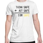 Na obrazku przedstawiona jest biała koszulka z napisami "think safe" - Prezenty BHP Proresult