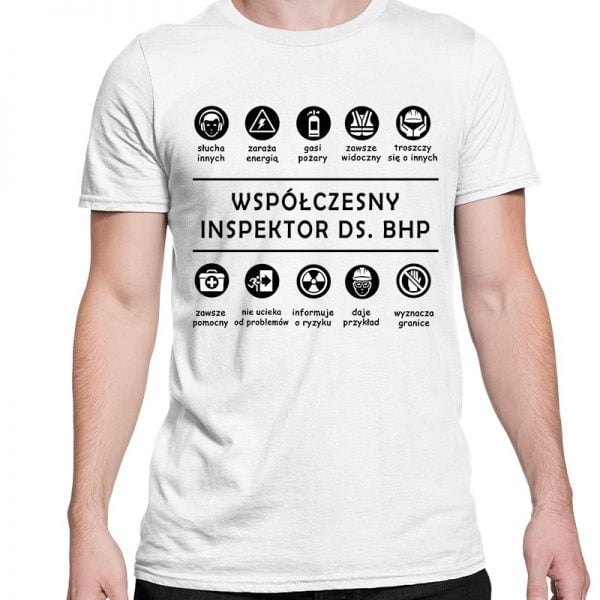 Na obrazku przedstawiona jest biała koszulka z napisem "wpółczesny inspektor ds. bhp" - Koszulki BHP Proresult