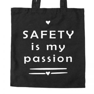 Na obrazku przedstawiono czarną torbę z białym napisem "Safety is my passion" - Torba BHP Proresult