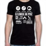Na obrazku przedstawiona jest czarna koszulka z napisem " człowiek od ppoż" - Koszulka BHP Proresult