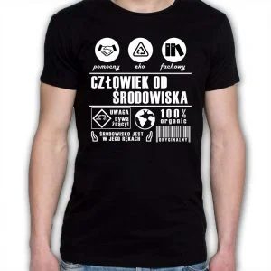 Na obrazku przedstawiona jest czarna koszulka z napisem " człowiek od środowiska" - Koszulka BHP Proresult