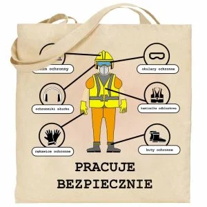 Na obrazku przedstawiona jest torba w kolorze ecru z nadrukiem człowieka w środkach ochrony indywidualnej - ŚOI BHP Proresult