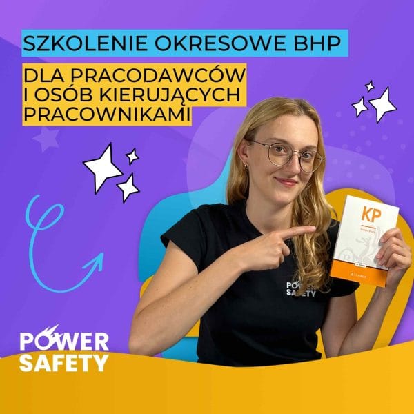 Na obrazku widać kobietę która pokazuje palcem książę z Kodeksem pracy - e-learning Power Safety Proresult