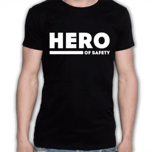 Na obrazku przedstawiona jest czarna koszulka z napisem " hero of safety" - Koszulka BHP Proresult