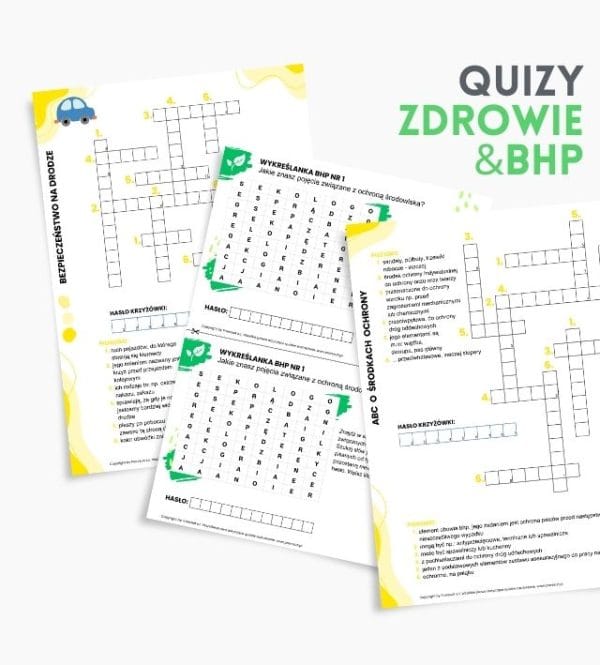 Na obrazku są przedstawione trzy przykładowe karty pracy z produktu quizy zdrowie i bhp - Quizy BHP Proresult