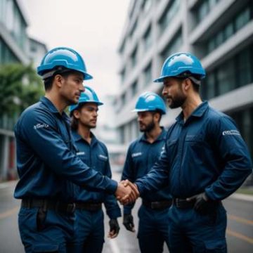 Zespół pracowników w niebieskich kombinezonach i hełmach bhp uśmiechają się do siebie - kultura bezpieczeństwa Proresult