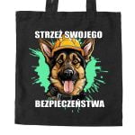 Na obrazku przedstawiona jest czarna torba z nadrukowanym psem i napisem "Strzeż swojego bezpieczeństwa" - Torby bawełniane BHP Proresult