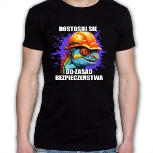 Na obrazku przedstawiono czarna koszulkę z kolorowym nadrukiem i napisem w języku polskim - Koszulki BHP Proresult