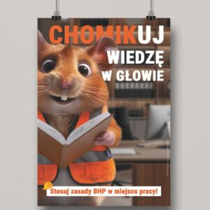 Na obrazku widać powieszony plakat z nadrukiem chomika i hasłem bezpieczeństwa - Plakaty BHP Proresult