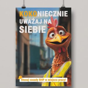 Na obrazku widać powieszony plakat z nadrukiem kury i hasłem bezpieczeństwa - Plakaty BHP Proresult