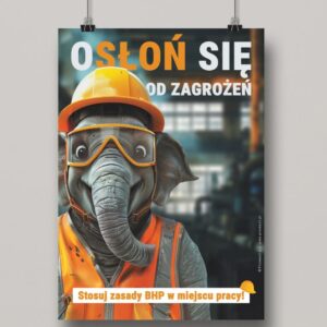Na obrazku widać powieszony plakat z nadrukiem słonia i hasłem bezpieczeństwa - Plakaty BHP Proresult