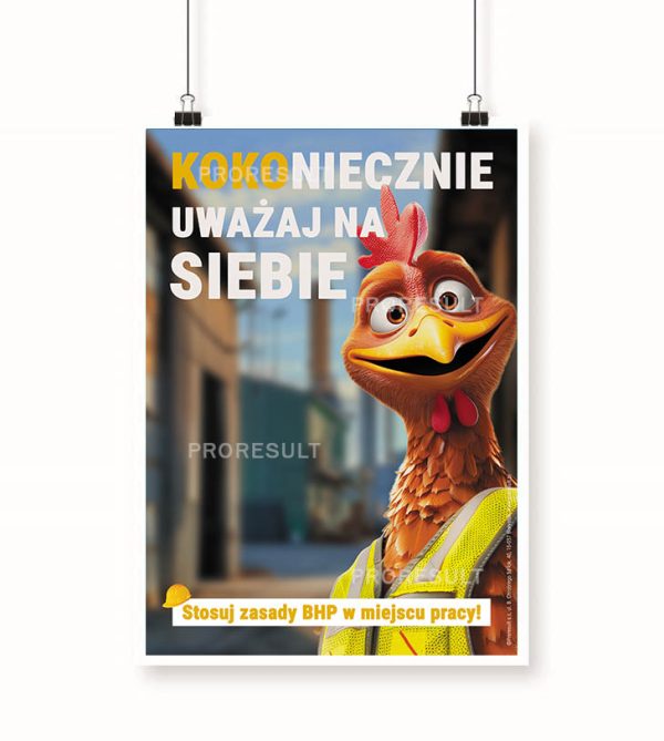 Na obrazku widać powieszony plakat z nadrukiem kury i hasłem bezpieczeństwa - Plakaty BHP Proresult