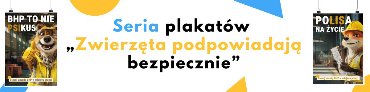 Widoczne dwa plakaty ze zwierzętami - psem i lisem w środkach ochrony indywidualnej i kamizelkach bhp - Proresult sklep z gadżetami bhp