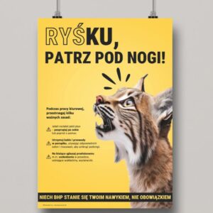 Ryś na żółtym tle z otwartą buzią i zdziwioną miną patrzący na wypisane zasady bhp - Proresult