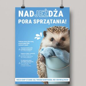 Mały jężyk z wiaderkiem i szmatką na niebieskim tle - Proresult