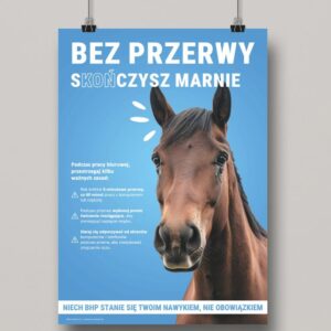 Brązowy koń na niebieskim tle, który wlepia swoje oczy w zasady bhp - Proresult
