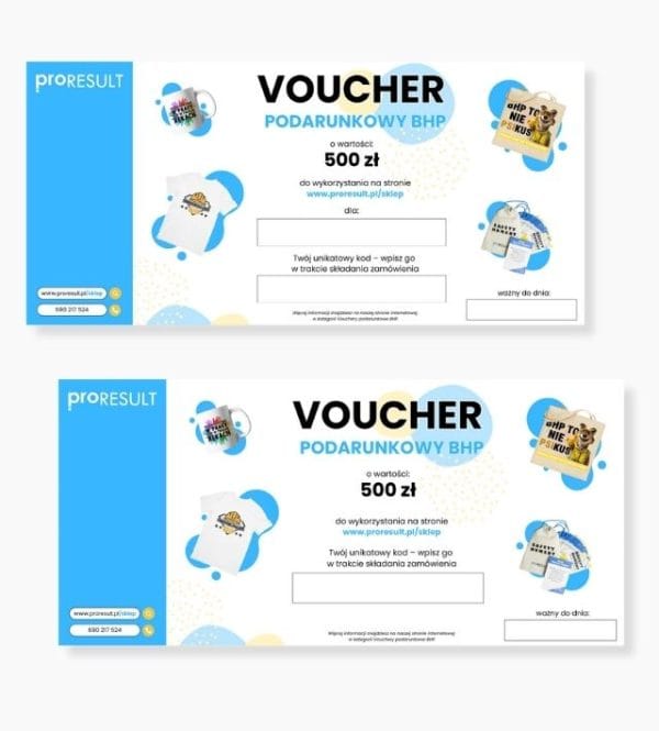 Na obrazku jest przedstawiona wizualizacja jak wygląda voucher podarunkowy bhp 500 zł - Vouchery podarunkowe bhp
