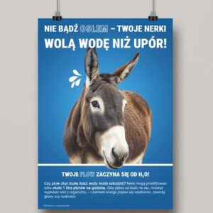 Grafika przedstawia niebieski plakat z nadrukowanym osłem. Plakat nawiązuje do nawodnienia - Plakat BHP Proresult