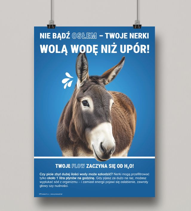 Grafika przedstawia niebieski plakat z nadrukowanym osłem. Plakat nawiązuje do nawodnienia - Plakat BHP Proresult