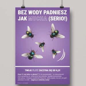 Na grafice jest przedstawiony fioletowy plakat z nadrukowanym muchami. Plakat nawiązuje do tematu nawodnienia. - Plakat BHP Proresult