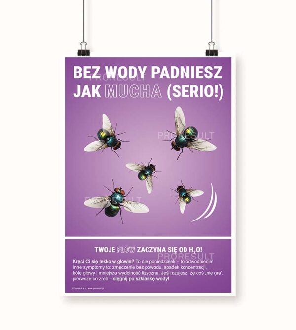 Na grafice jest przedstawiony fioletowy plakat z nadrukowanym muchami. Plakat nawiązuje do tematu nawodnienia. - Plakat BHP Proresult