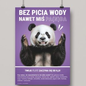 Na grafice jest przedstawiony fioletowy plakat z nadrukowanym misiem panda Plakat nawiązuje do tematu nawodnienia. - Plakat BHP Proresult