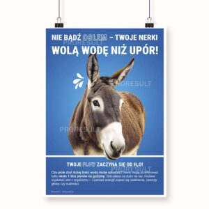 Grafika przedstawia niebieski plakat z nadrukowanym osłem. Plakat nawiązuje do nawodnienia - Plakat BHP Proresult