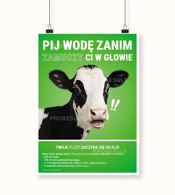 Grafika przedstawia zielony plakat z nadrukowaną krową. Plakat nawiązuje do nawodnienia - Plakat BHP Proresult
