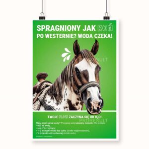 Grafika przedstawia zielony plakat z nadrukowanym koniem. Plakat nawiązuje do nawodnienia - Plakat BHP Proresult