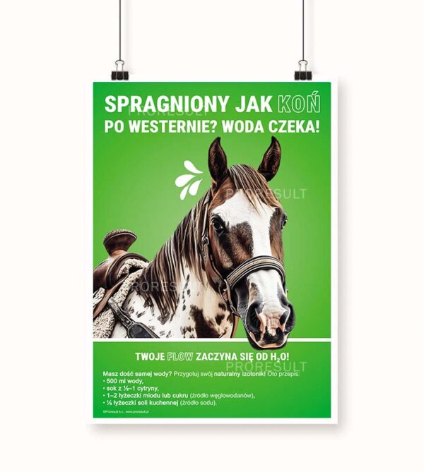 Grafika przedstawia zielony plakat z nadrukowanym koniem. Plakat nawiązuje do nawodnienia - Plakat BHP Proresult