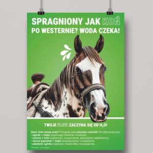 Grafika przedstawia zielony plakat z nadrukowanym koniem. Plakat nawiązuje do nawodnienia - Plakat BHP Proresult