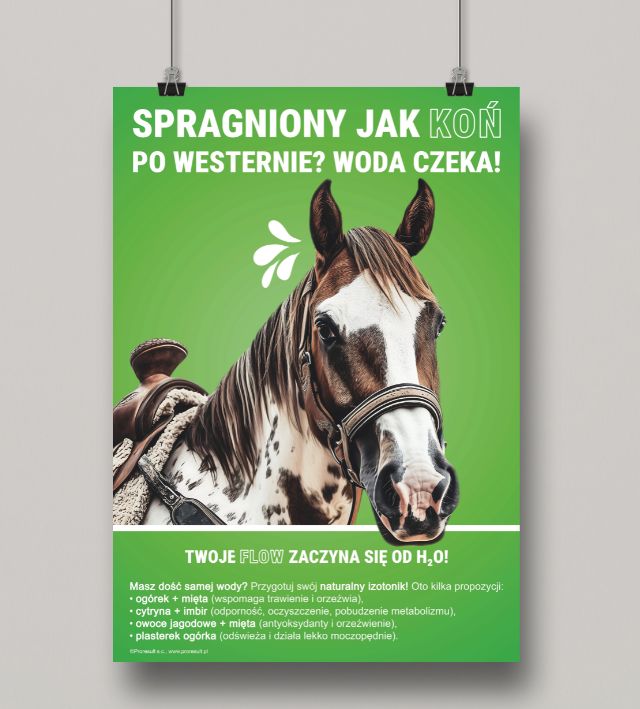 Grafika przedstawia zielony plakat z nadrukowanym koniem. Plakat nawiązuje do nawodnienia - Plakat BHP Proresult