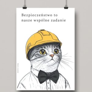 Na obrazku widać zawieszony minimalistyczny plakat z kotem w kasku oraz hasłem w języku polskim - Plakaty BHP Proresult