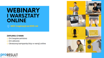 kompilacja różnych zdjęć pracowników biurowych przy biurku na żółtym tle - webinary bhp online Proresult