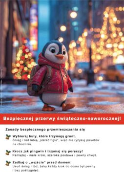 Plakat świąteczny bhp przedstawiający małego pingwina z plecakiem, który maszeruje w dużym mieście - Proresult, bhp, gry bhp