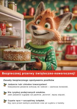 Plakat świąteczny bhp przedstawiający lisa, który po zakończonej wigilii chowa piernik do lodówki - Proresult, bhp
