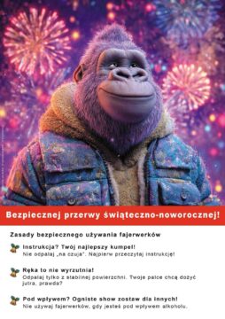 Plakat świąteczny bhp przedstawiający goryla, który ogląda fajerwerki w sylwestrową noc - Proresult, kultura bezpieczeństwa