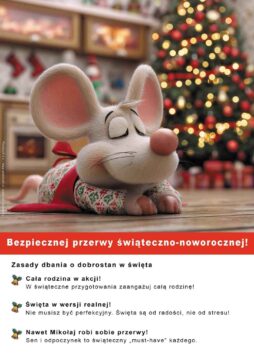 Plakat świąteczny bhp przedstawiający myszkę, która uśmiechnięta odpoczywa na kuchennej podłodze - Proresult, kultura bezpieczeństwa