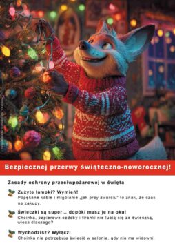 Plakat świąteczny bhp przedstawiający lisa ubierającego choinkę - Proresult, BHP