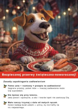 Plakat świąteczny bhp przedstawiający psa w sweterku, który je ryby - Proresult, BHP